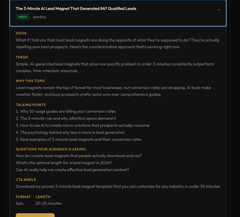 Expanded ShowFeed idea showing hook, thesis, talking points, audience questions, CTA angle, format, length, and Generate Script button